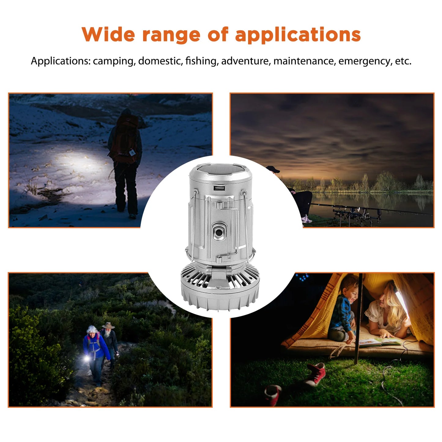 Foldable LED Lantern Fan Solar/Rechargeable/Battery Powered 1500Mah Hanging Tent Fan Light Waterproof with Hook for Hiking