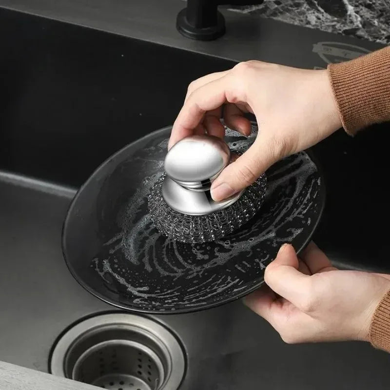 Stainless Steel Pot Brush Ergonomic Handle Heavy Duty Wire Ball Scrubber for Kitchen Dishes Pans Grills Sink Cleaning Tools