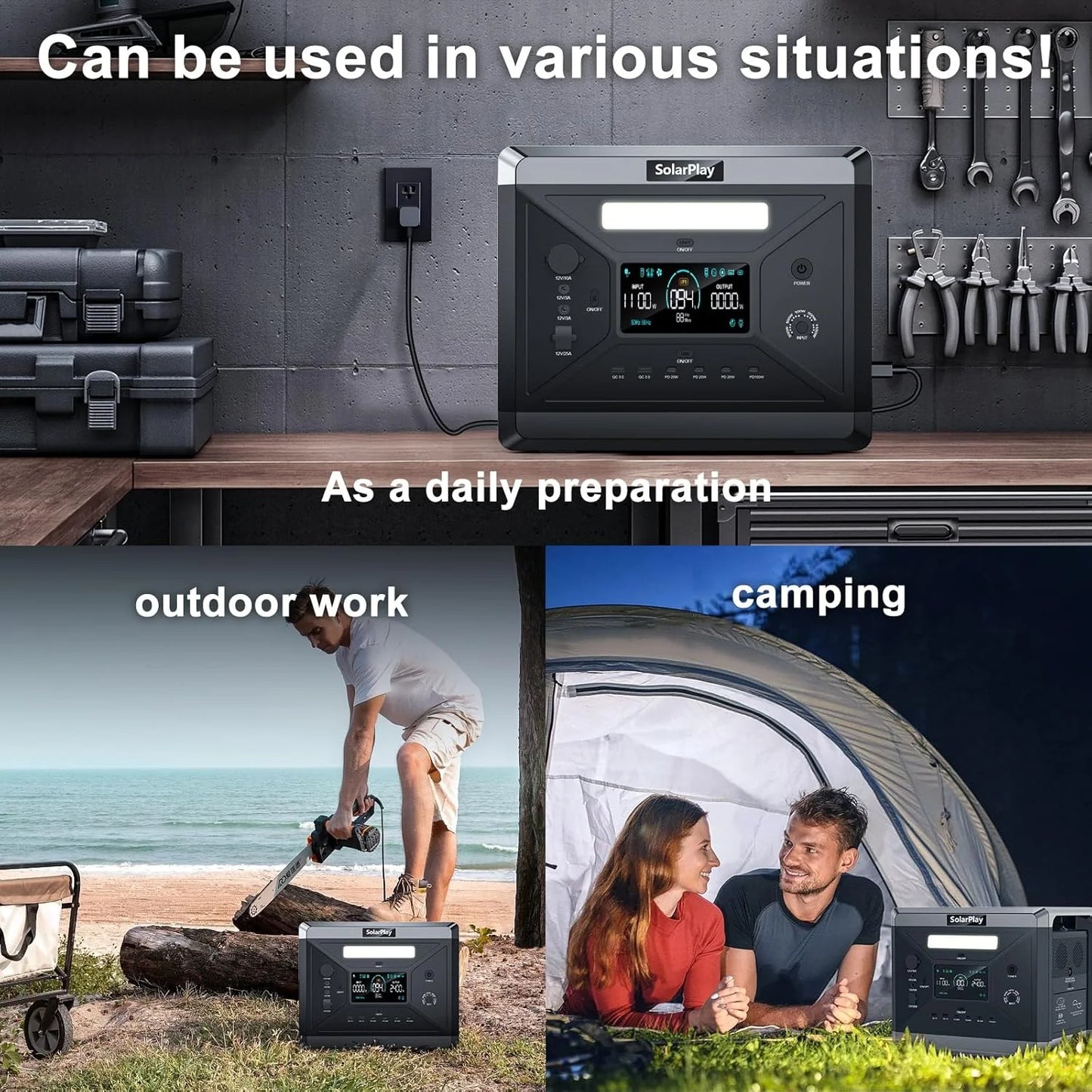 Portable Power Station, 2400W/2160Wh Large Capacity Solar Power Station, 4 AC Outlets (4800W Peak), Emergency Power Station for Home, Camping, Outdoor Battery Backup