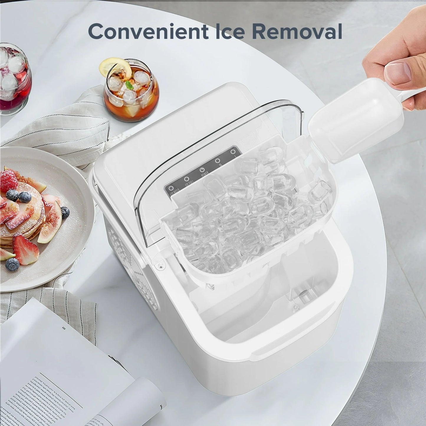 Countertop Portable Ice Maker, 8 Cubes Ready in 6 Mins, Self-Cleaning with Handle, Ice Scoop, 2 Sizes of Bullet Ice Cubes, for Home/Kitchen/Office-White