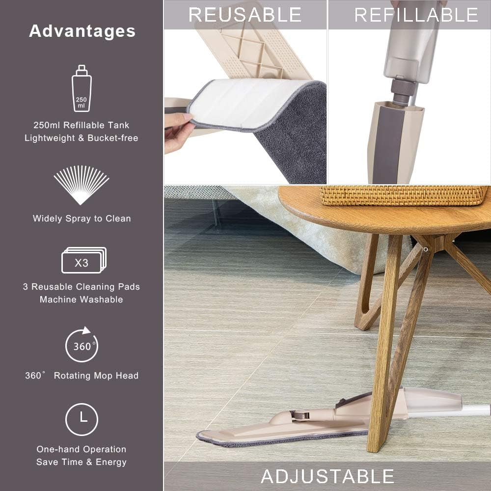 Hard Floor Mop Spray Mop for Home Kitchen Wood Tile Laminate Ceramic Floor Cleaning Tool with 250Ml Refillable Water Tank Include Extra 2 Microfiber Washable Reusable Pads and 1 Scraper