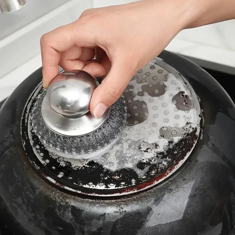 Stainless Steel Pot Brush Ergonomic Handle Heavy Duty Wire Ball Scrubber for Kitchen Dishes Pans Grills Sink Cleaning Tools