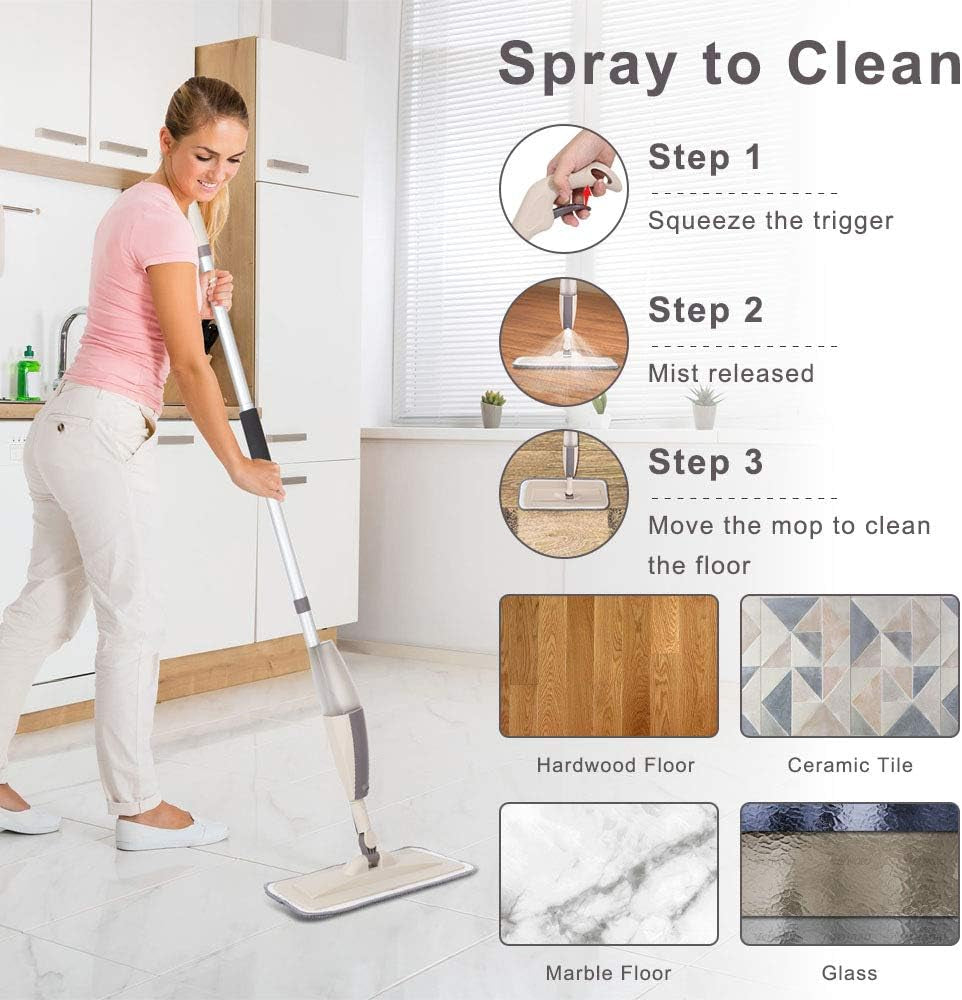 Hard Floor Mop Spray Mop for Home Kitchen Wood Tile Laminate Ceramic Floor Cleaning Tool with 250Ml Refillable Water Tank Include Extra 2 Microfiber Washable Reusable Pads and 1 Scraper