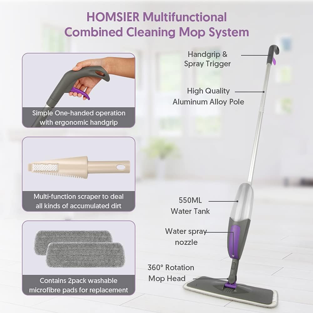 Spray Mop for Cleaning Floors, Microfiber Floor Mops Wet Dry Flat Mop with 550ML Refillable Bottle 2 Washable Pads Replacement, Dust Mop for Wooden Laminate Tile Marble Kitchen Hard Floors