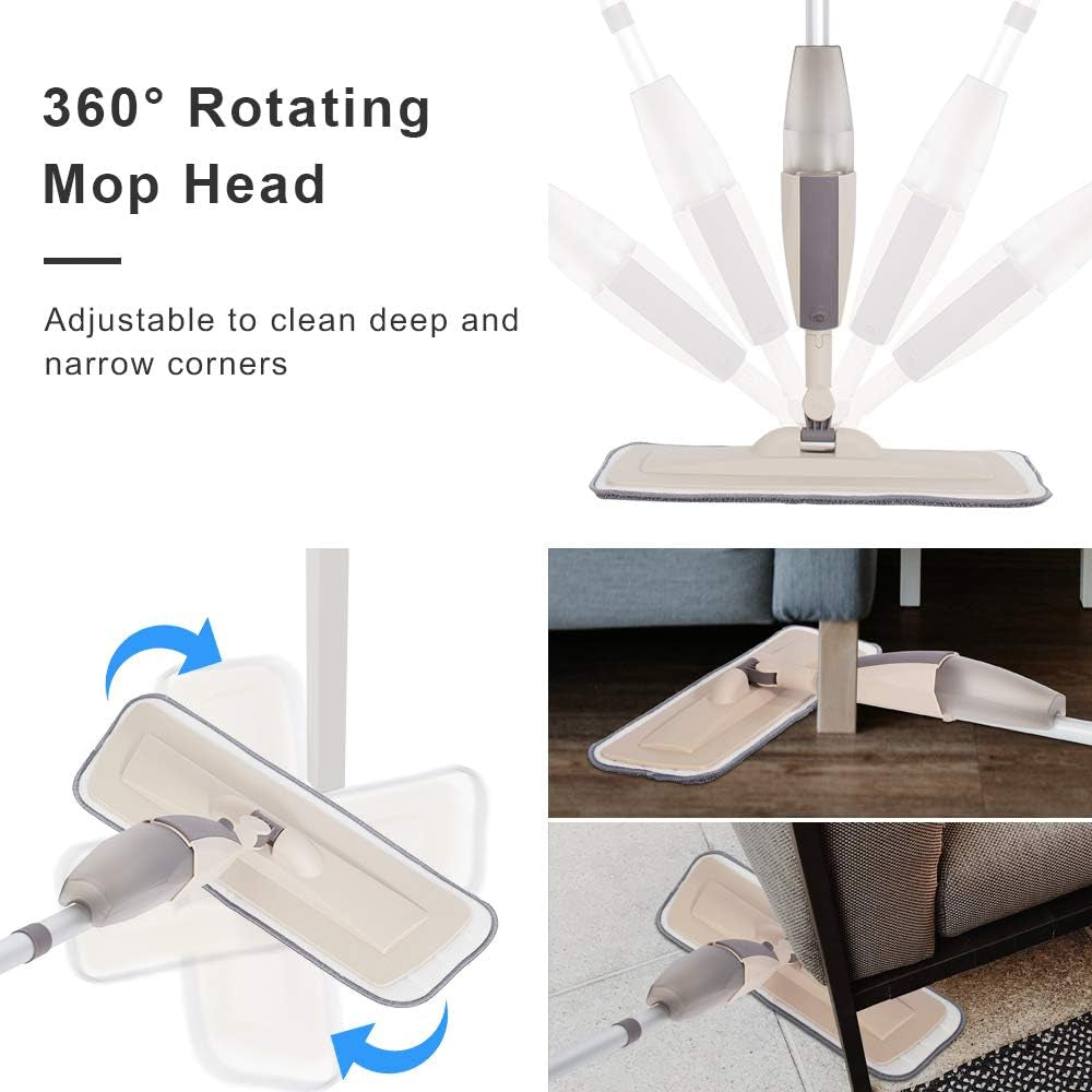Hard Floor Mop Spray Mop for Home Kitchen Wood Tile Laminate Ceramic Floor Cleaning Tool with 250Ml Refillable Water Tank Include Extra 2 Microfiber Washable Reusable Pads and 1 Scraper
