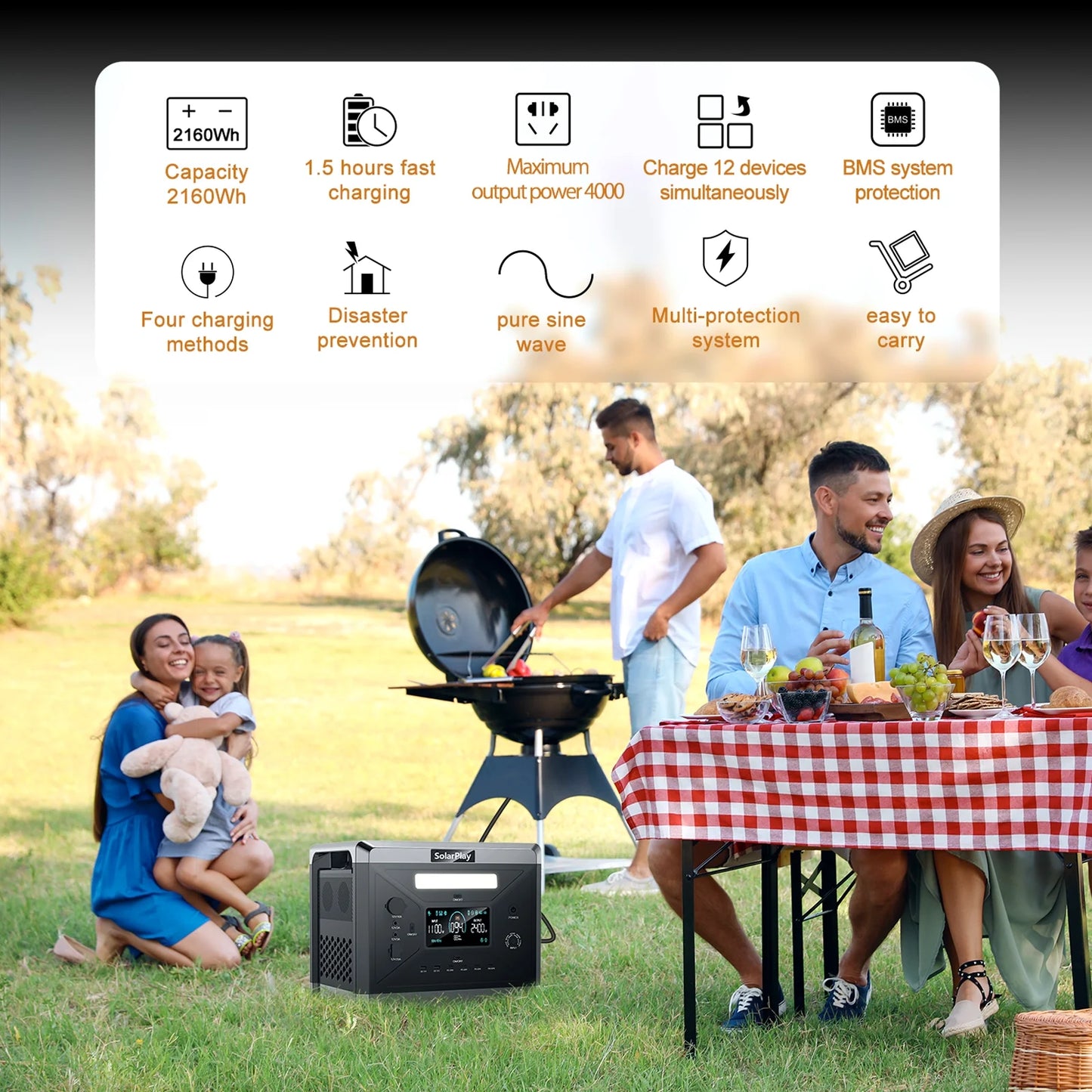Portable Power Station, 2400W/2160Wh Large Capacity Solar Power Station, 4 AC Outlets (4800W Peak), Emergency Power Station for Home, Camping, Outdoor Battery Backup