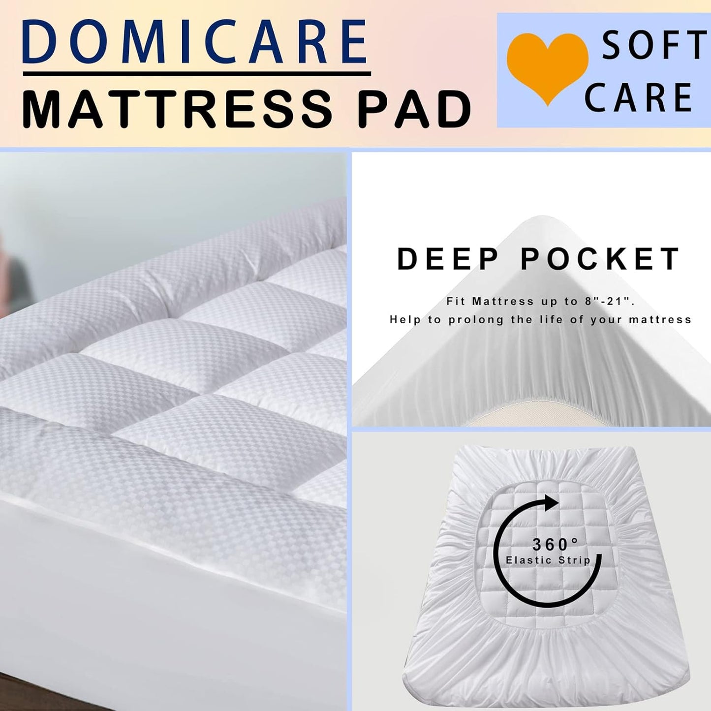 Full Size Mattress Pad Cover Quilted Fitted Mattress Protector with Deep Pocket (8-21Inch), Cooling Mattress Topper Pillow Top-White