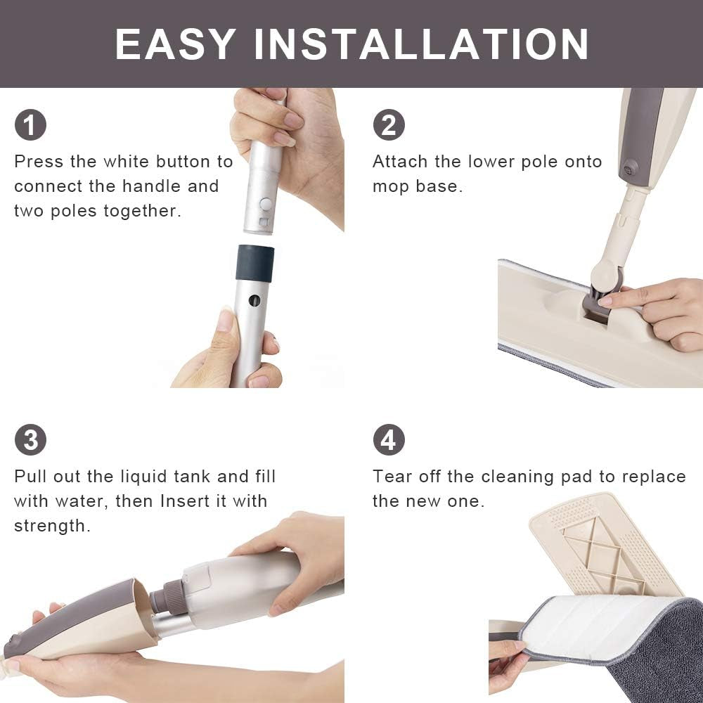 Hard Floor Mop Spray Mop for Home Kitchen Wood Tile Laminate Ceramic Floor Cleaning Tool with 250Ml Refillable Water Tank Include Extra 2 Microfiber Washable Reusable Pads and 1 Scraper