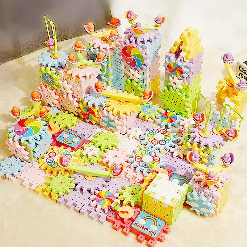 Electric Track Gears Building Blocks Puzzle Toy Model Plastic Kid House Educational Construction Toys for Children Birthday Gift