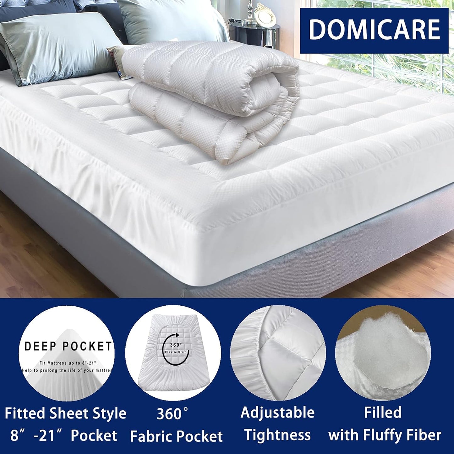 Full Size Mattress Pad Cover Quilted Fitted Mattress Protector with Deep Pocket (8-21Inch), Cooling Mattress Topper Pillow Top-White