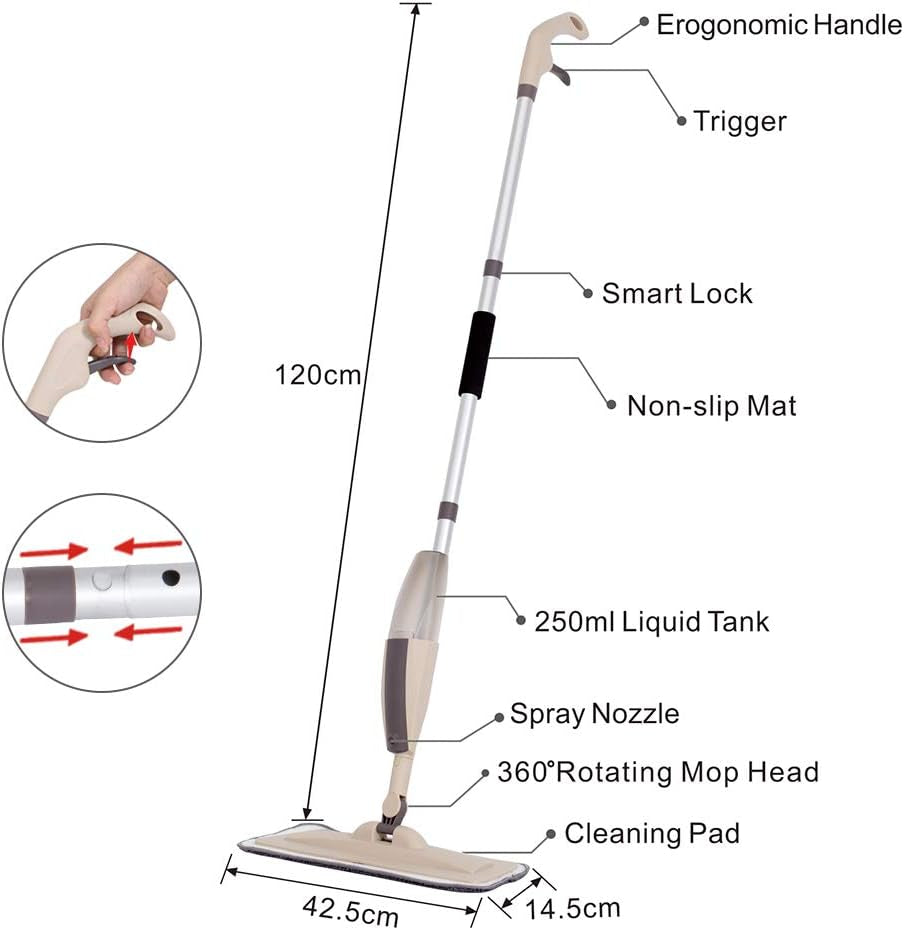 Hard Floor Mop Spray Mop for Home Kitchen Wood Tile Laminate Ceramic Floor Cleaning Tool with 250Ml Refillable Water Tank Include Extra 2 Microfiber Washable Reusable Pads and 1 Scraper
