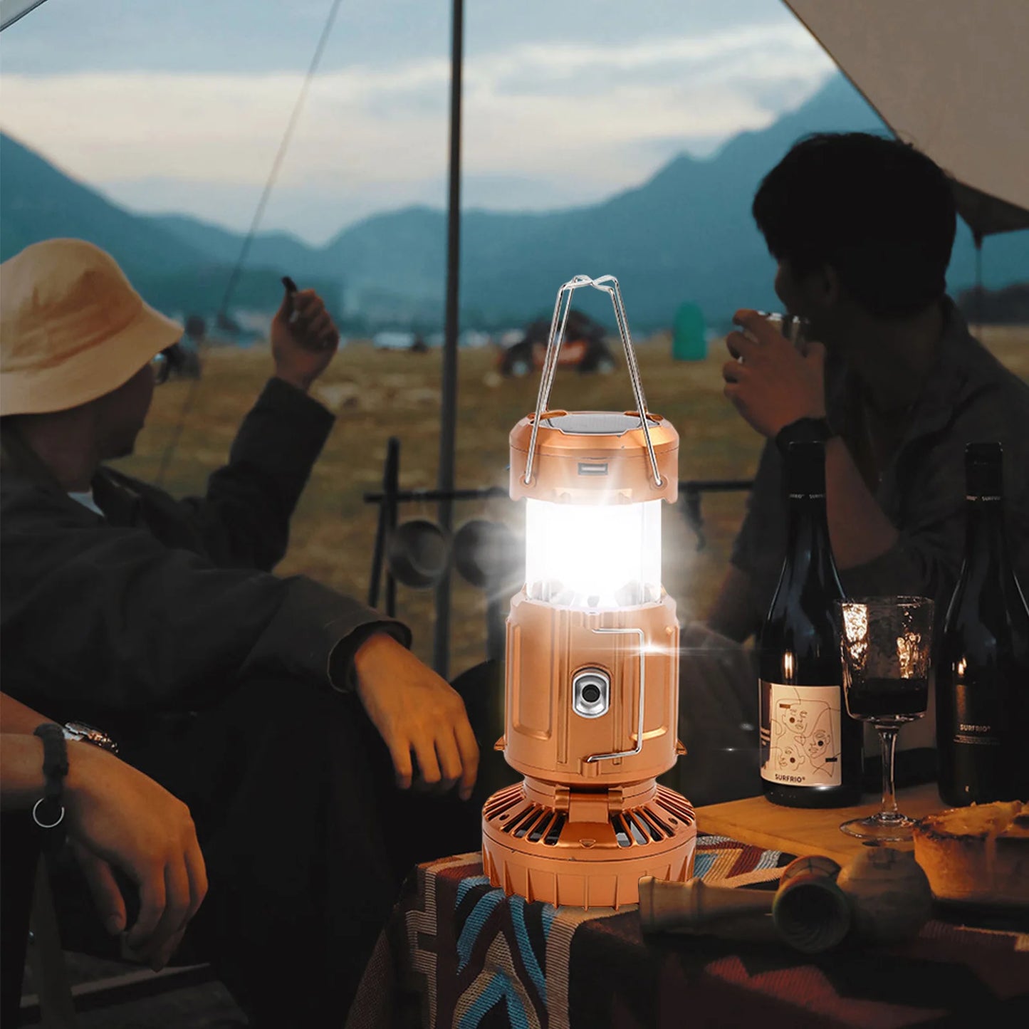 Foldable LED Lantern Fan Solar/Rechargeable/Battery Powered 1500Mah Hanging Tent Fan Light Waterproof with Hook for Hiking