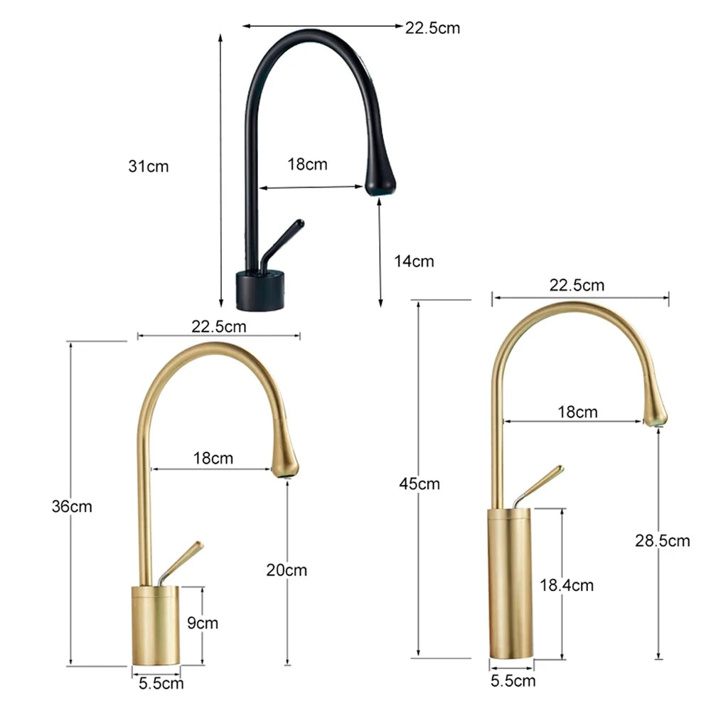 Black Brass Art Basin Faucet Bathroom Washbasin Hot Cold Tap 360 Swivel Waterfall Gold Tall Model Mixer Deck Mounted