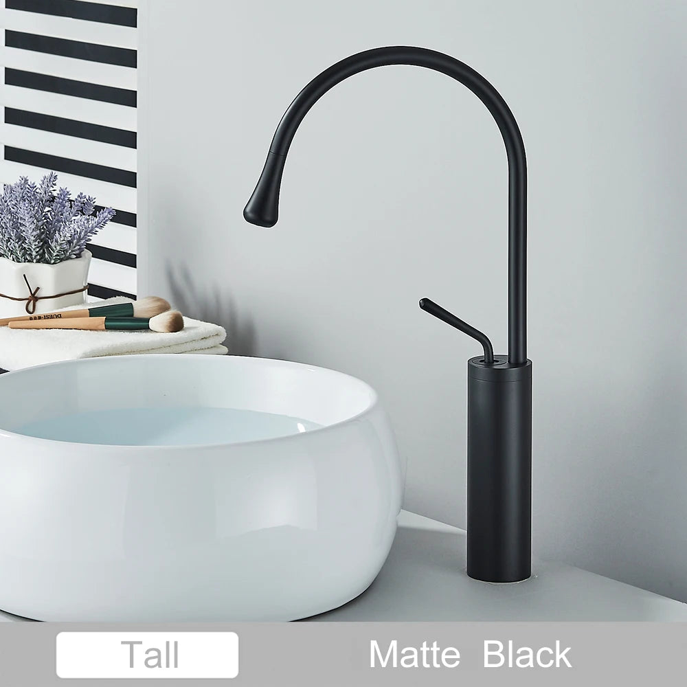 Black Brass Art Basin Faucet Bathroom Washbasin Hot Cold Tap 360 Swivel Waterfall Gold Tall Model Mixer Deck Mounted