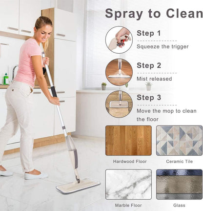Hard Floor Mop Spray Mop for Home Kitchen Wood Tile Laminate Ceramic Floor Cleaning Tool with 250Ml Refillable Water Tank Include Extra 2 Microfiber Washable Reusable Pads and 1 Scraper