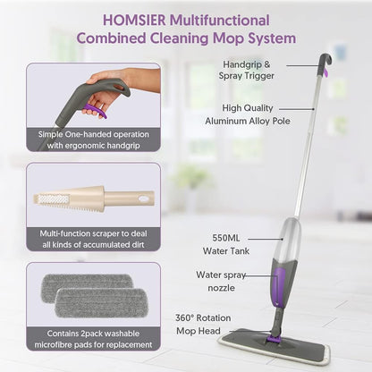 Spray Mop for Cleaning Floors,  Microfiber Floor Mops Wet Dry Flat Mop with 550ML Refillable Bottle 2 Washable Pads Replacement, Dust Mop for Wooden Laminate Tile Marble Kitchen Hard Floors