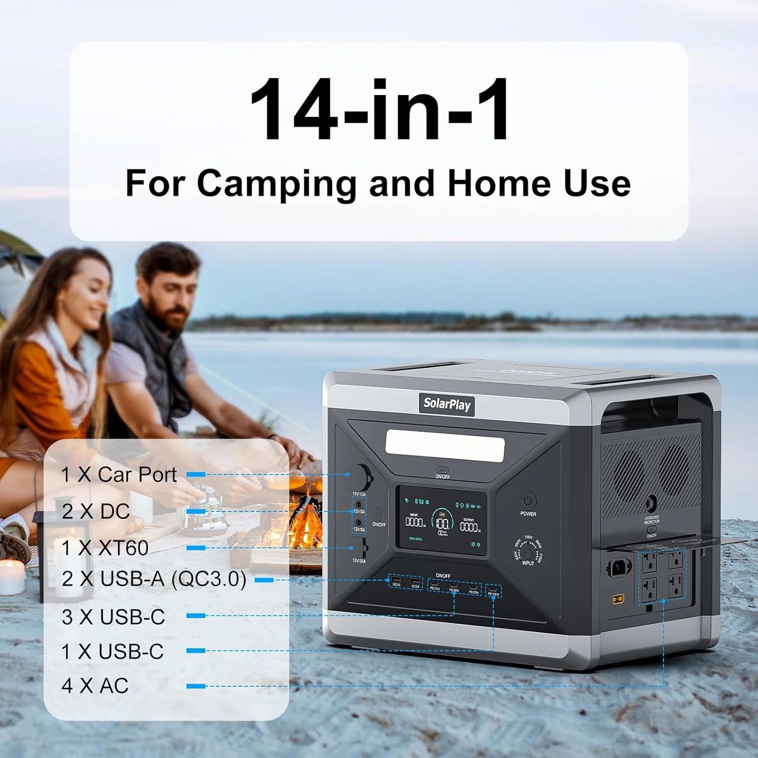 Portable Power Station, 2400W/2160Wh Large Capacity Solar Power Station, 4 AC Outlets (4800W Peak), Emergency Power Station for Home, Camping, Outdoor Battery Backup