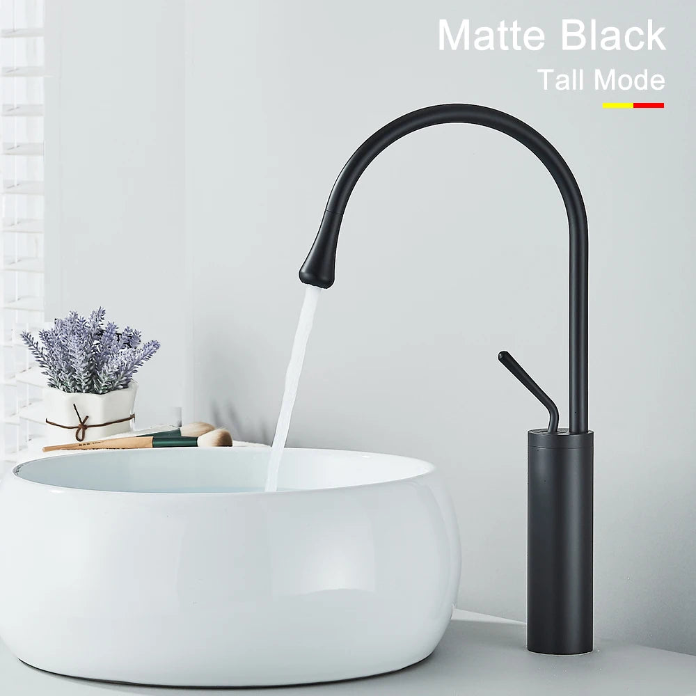 Black Brass Art Basin Faucet Bathroom Washbasin Hot Cold Tap 360 Swivel Waterfall Gold Tall Model Mixer Deck Mounted