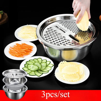 3 in 1 Stainless Steel Vegetable Strainer Slicer Cutter Graters Drain Basket Vegetable Salad Maker Bowl Kitchen Accessories Tool