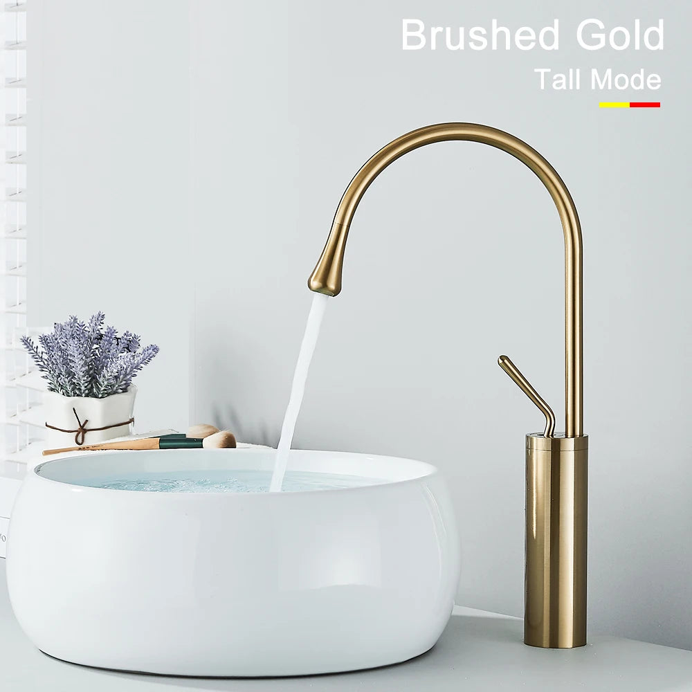 Black Brass Art Basin Faucet Bathroom Washbasin Hot Cold Tap 360 Swivel Waterfall Gold Tall Model Mixer Deck Mounted