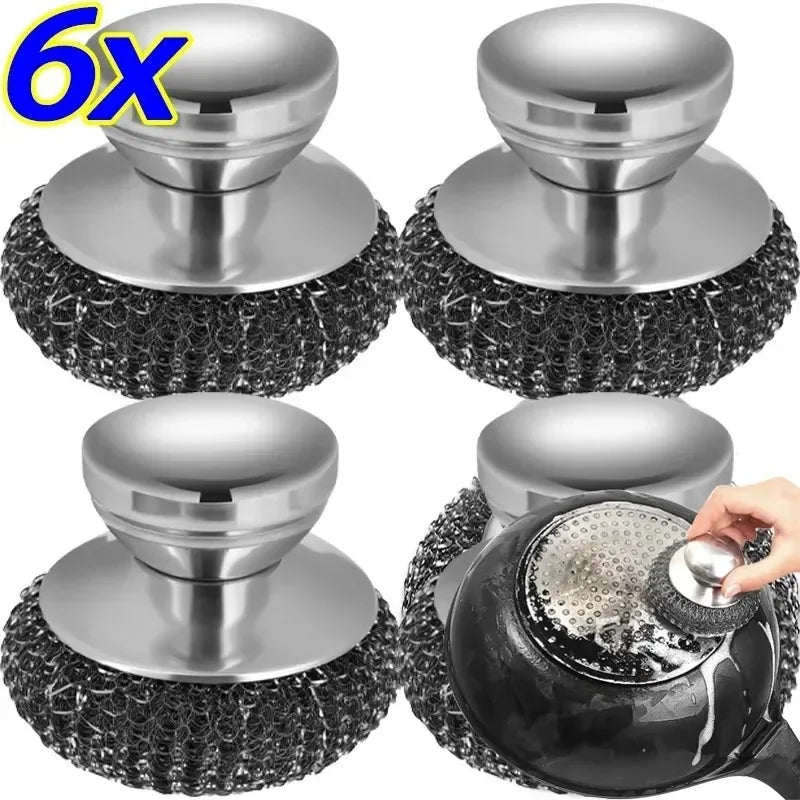Stainless Steel Pot Brush Ergonomic Handle Heavy Duty Wire Ball Scrubber for Kitchen Dishes Pans Grills Sink Cleaning Tools
