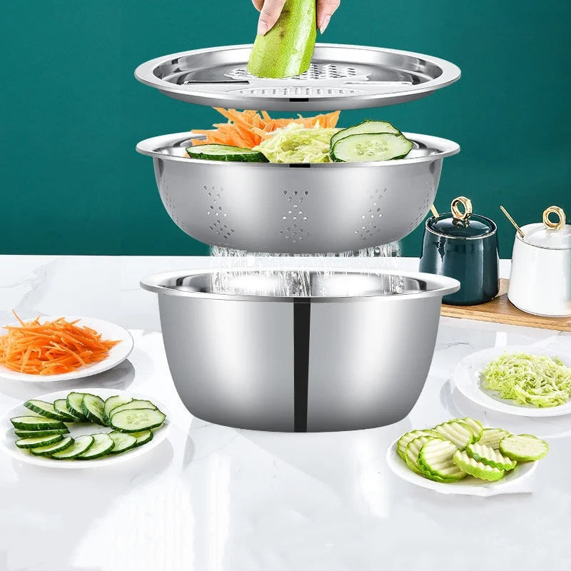3 in 1 Stainless Steel Vegetable Strainer Slicer Cutter Graters Drain Basket Vegetable Salad Maker Bowl Kitchen Accessories Tool