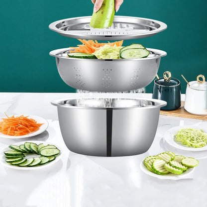 3 in 1 Stainless Steel Vegetable Strainer Slicer Cutter Graters Drain Basket Vegetable Salad Maker Bowl Kitchen Accessories Tool