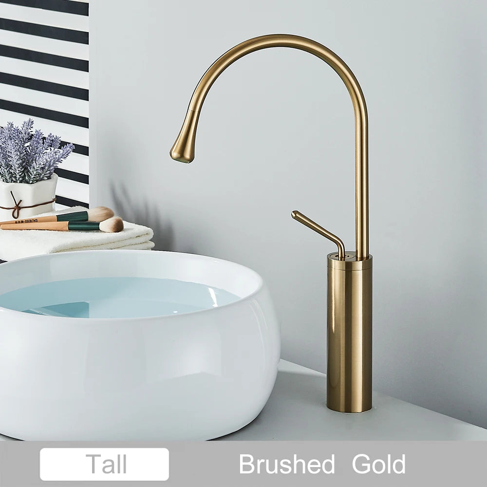 Black Brass Art Basin Faucet Bathroom Washbasin Hot Cold Tap 360 Swivel Waterfall Gold Tall Model Mixer Deck Mounted