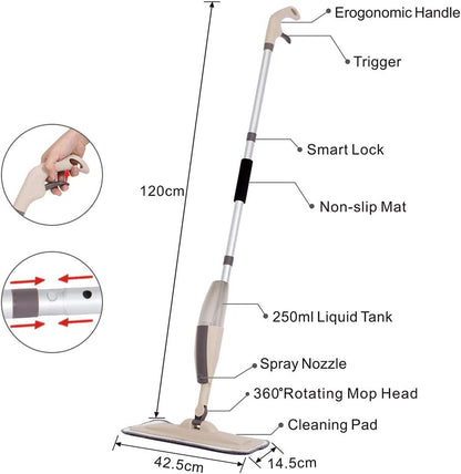 Hard Floor Mop Spray Mop for Home Kitchen Wood Tile Laminate Ceramic Floor Cleaning Tool with 250Ml Refillable Water Tank Include Extra 2 Microfiber Washable Reusable Pads and 1 Scraper