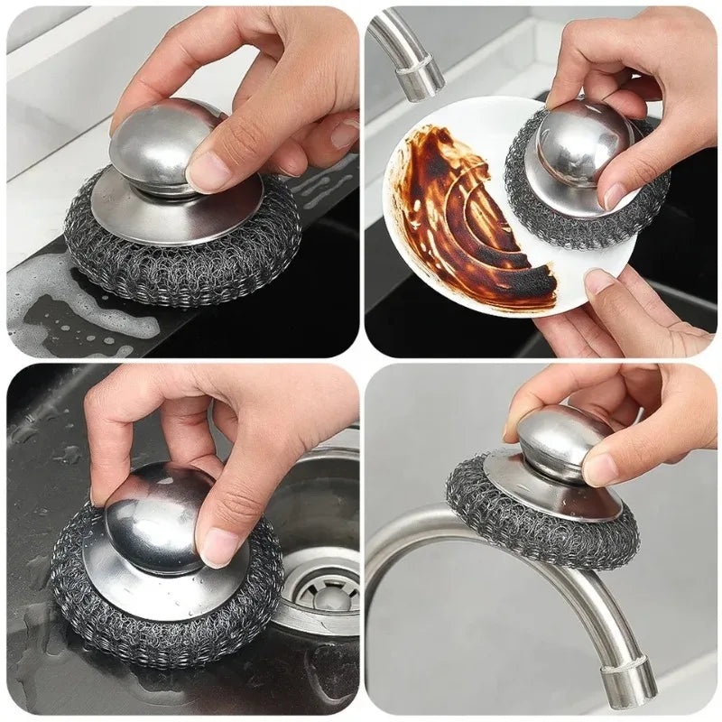 Stainless Steel Pot Brush Ergonomic Handle Heavy Duty Wire Ball Scrubber for Kitchen Dishes Pans Grills Sink Cleaning Tools
