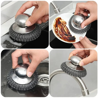 Stainless Steel Pot Brush Ergonomic Handle Heavy Duty Wire Ball Scrubber for Kitchen Dishes Pans Grills Sink Cleaning Tools